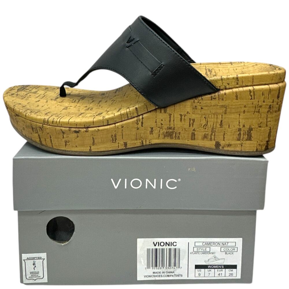Vionic Atlantic Cameron Cork Wedge Platform Toe Post Sandals Womens size 9 Black
